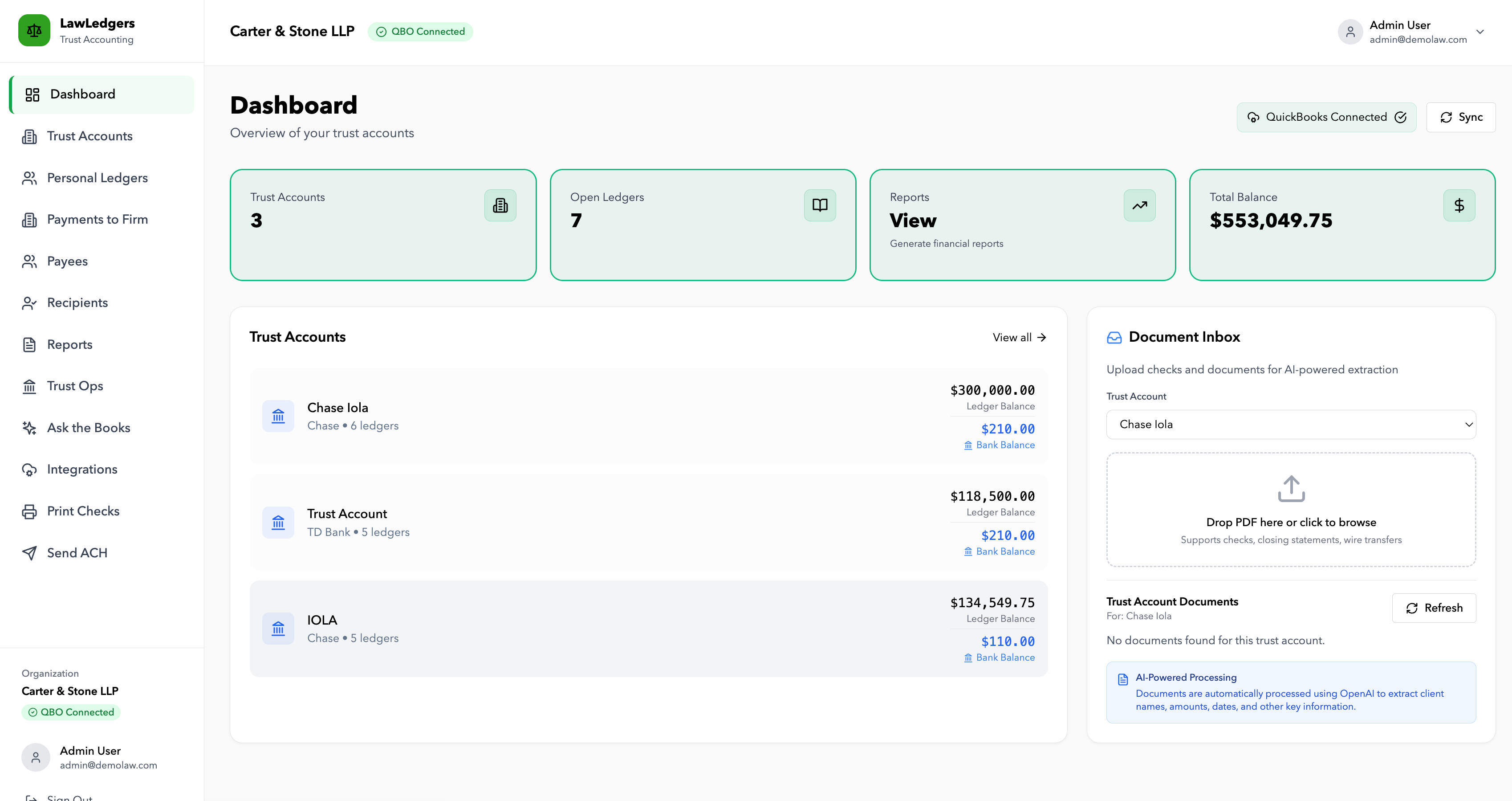 Trust account totals, open ledgers, and integration status in one operational view.